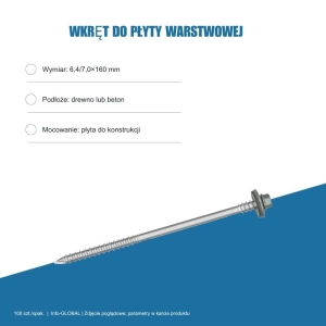 Wkręt do płyty warstwowej Info-GLOBAL ARW 0 CSG 6,4/7,0×160 mm, kolory RAL, 100 szt. Wkręt do płyty warstwowej Info-GLOBAL ARW 0 CSG 6,4/7,0×160 mm, kolory RAL, 100 szt.
